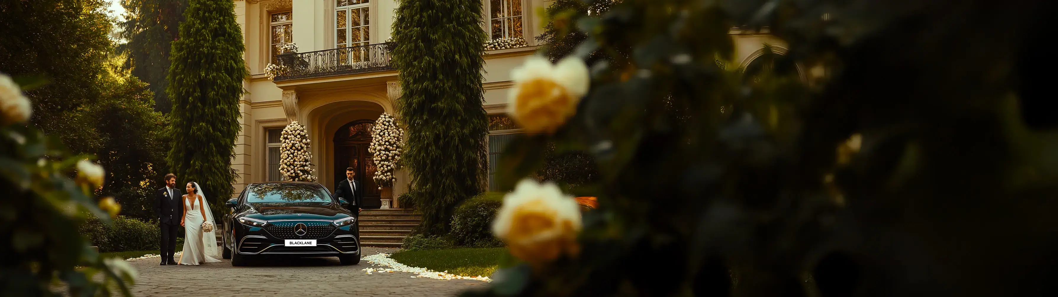 A Blacklane Mercedes limousine sits outside a country house decorated for a wedding.