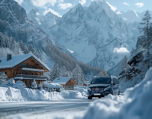 mercedes benz blacklane vehicle driving through the snow