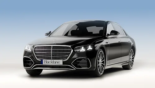 A sleek black Mercedes First Class limo for global chauffeur service Blacklane.