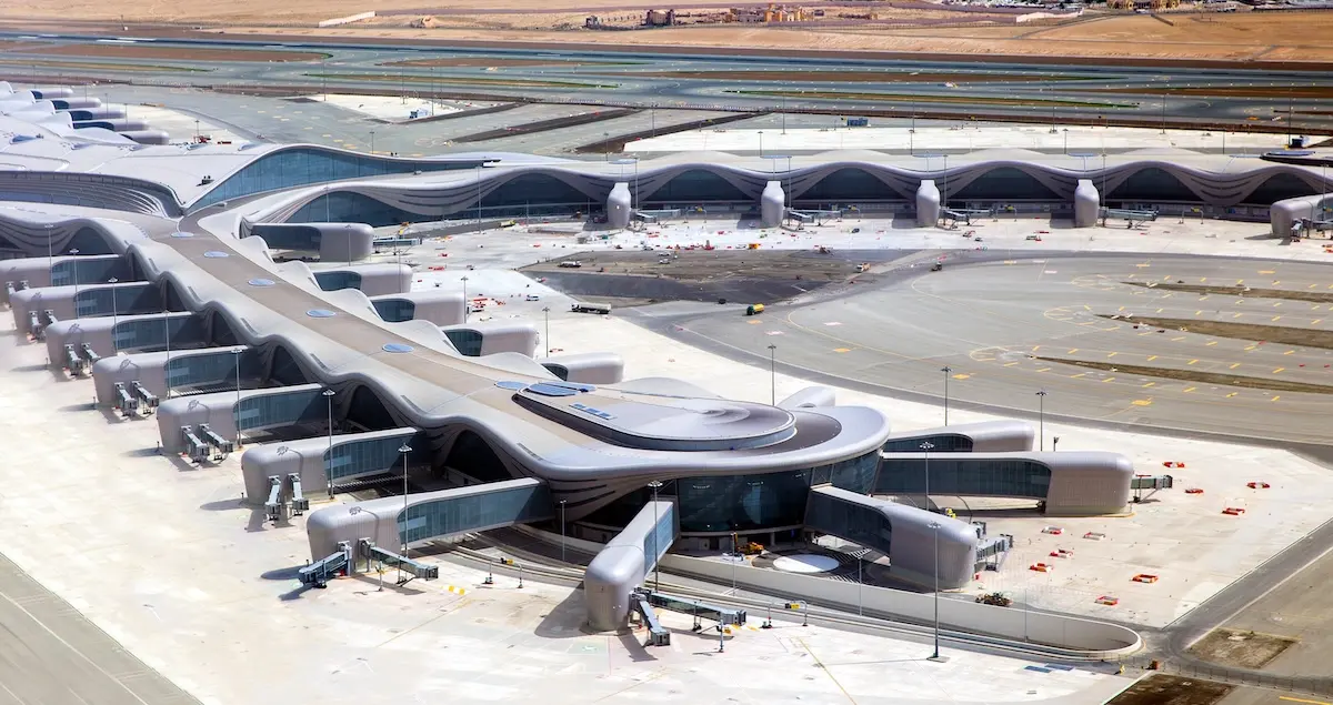 Aerial view of International Zayed International Airport Abu Dhabi. United Arab Emirates.