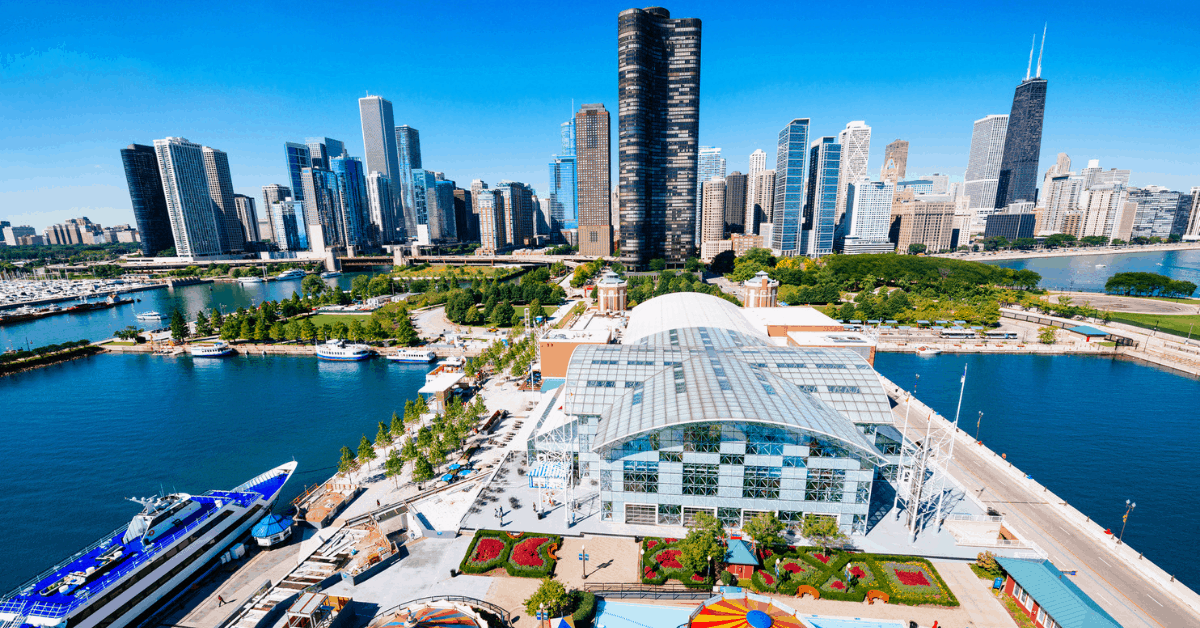 <figcaption>A view to Chicago city from the Centennial Wheel on Navy Pier. <em>Image credit: ferrantraite/iStock</em></figcaption>