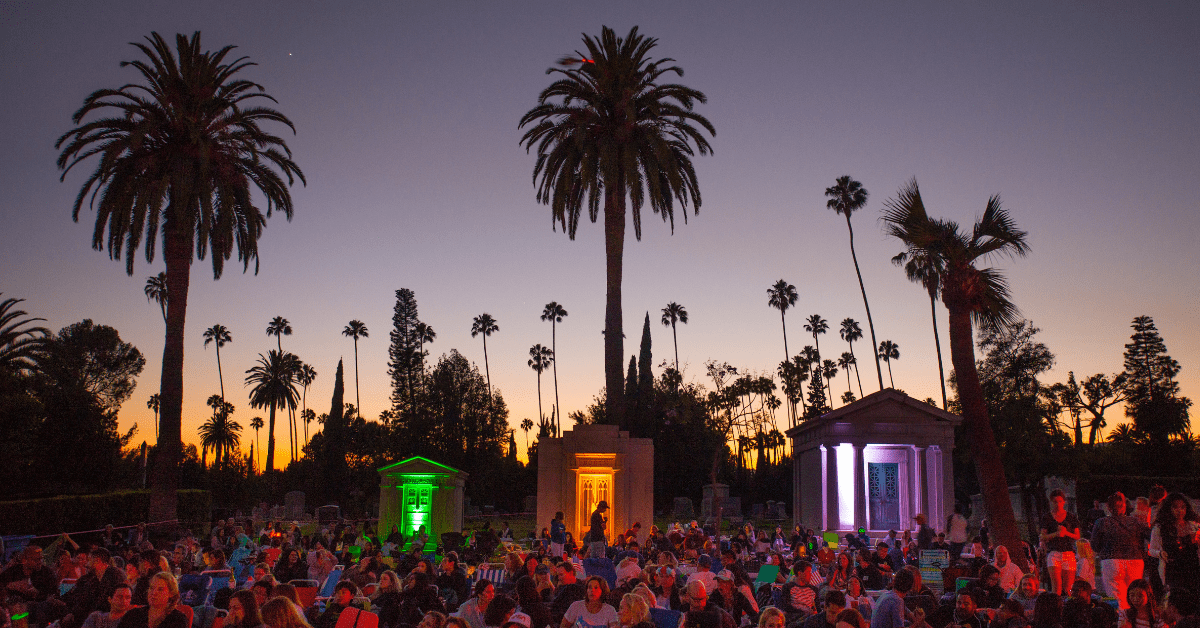 <figcaption>Cinespia Outdoor Movies at Hollywood Forever Cemetery. <em>Image credit: Kelly Lee Barrett © Cinespia.org</em></figcaption>