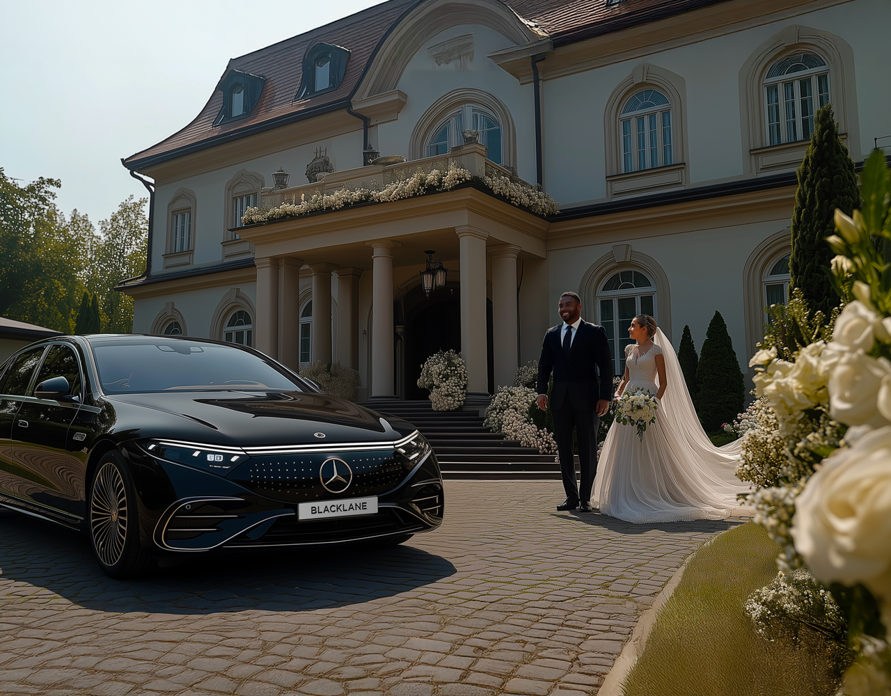 A bride and groom stand beside a Blacklane Mercedes limousine outside a country house.