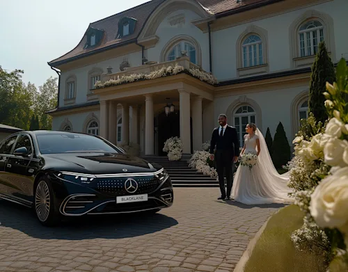 A bride and groom stand beside a Blacklane Mercedes limousine outside a country house.