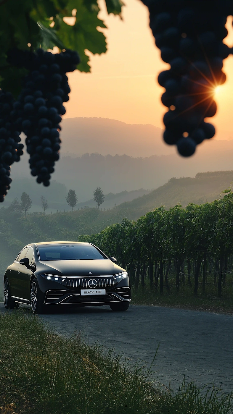 A Mercedes-Benz drives toward a vineyard at sunset.