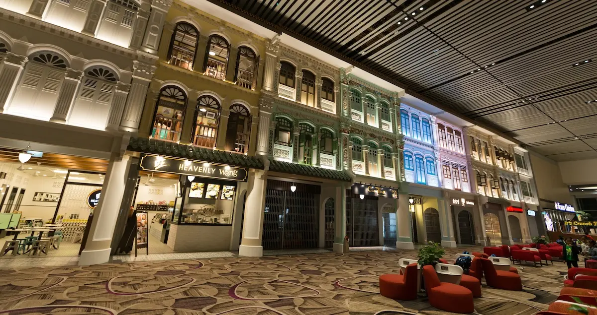 Souvenir shops and restaurants at Singapore Changi Airport Terminal 4 including Heavenly Wang. 