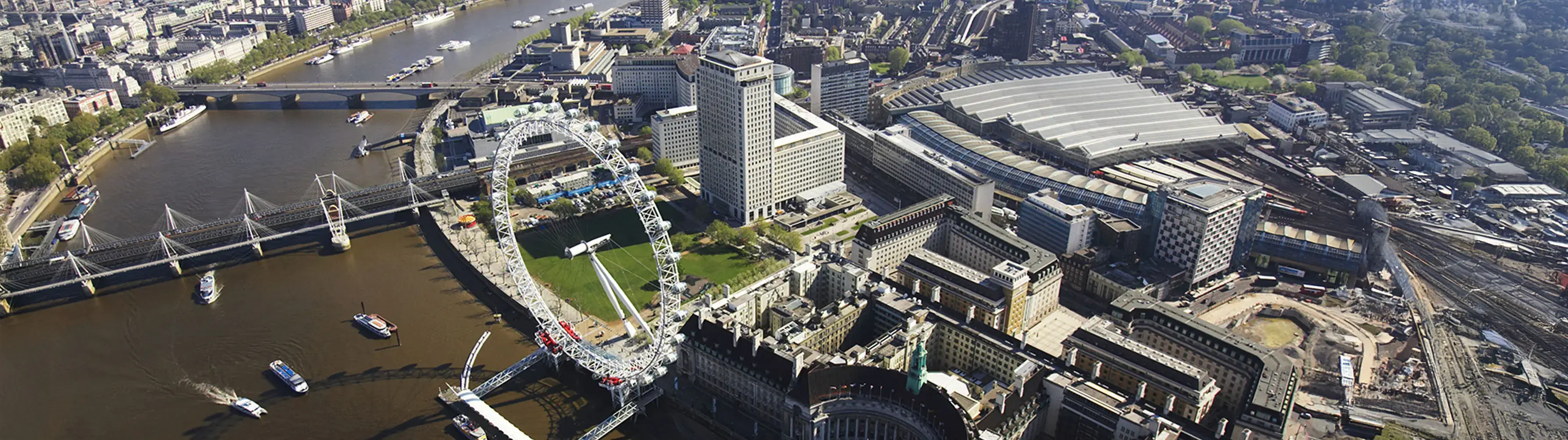 The Thames River and the London Eye and Waterloo Station from above.