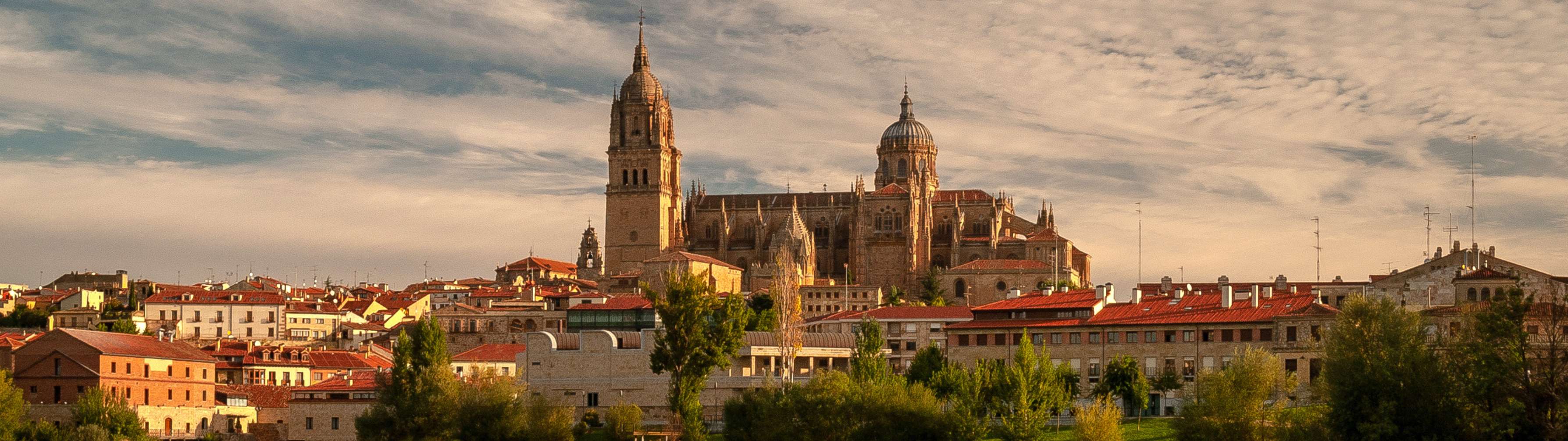 A beautiful cathedral in the town of Salamanca during evening or dusk.