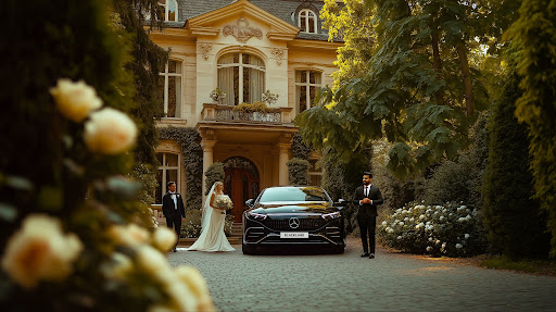 A bride gets into a Blacklane limousine for her wedding day.