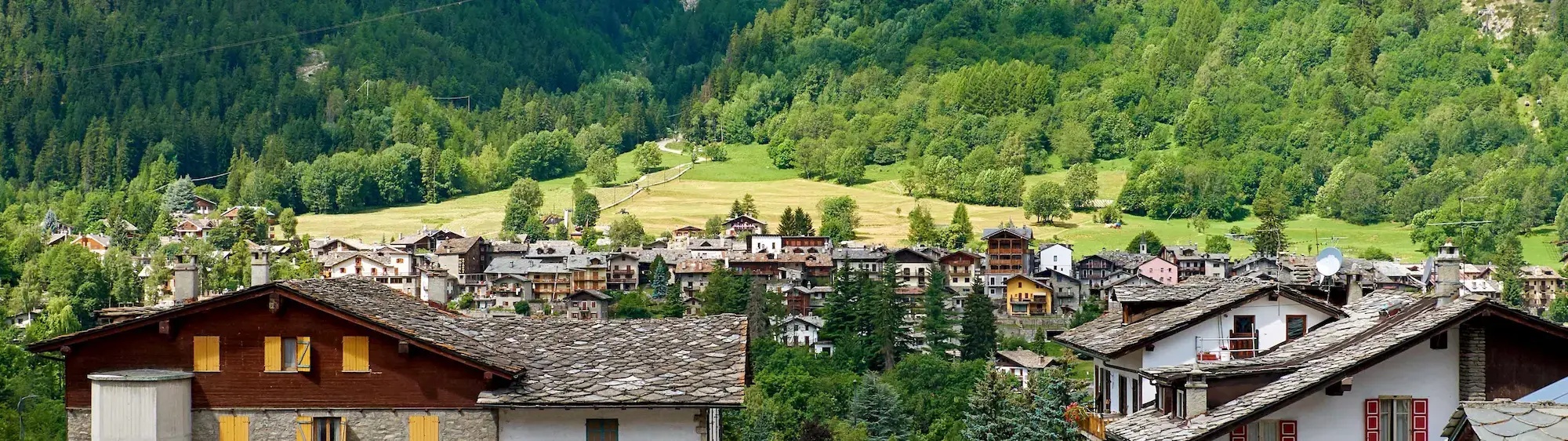 Un jour d'été, les chalets et les cabanes de Chamonix s'étendent devant des pentes vertes et ondulantes.