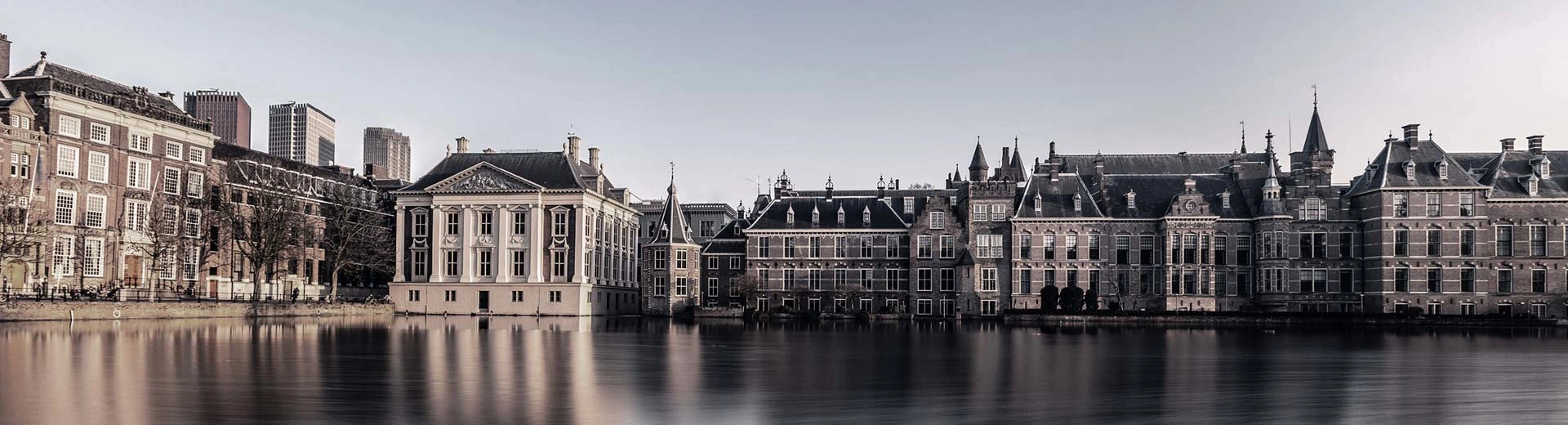 Behind a body of water in The Hague are an assortment of beautiful, historic buildings under a clear and bright sky.