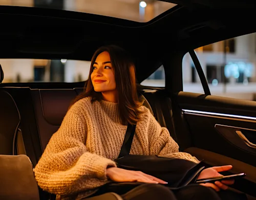 A female Blacklane guest in a cozy sweater relaxes in the backseat of a luxury car traveling through a city.