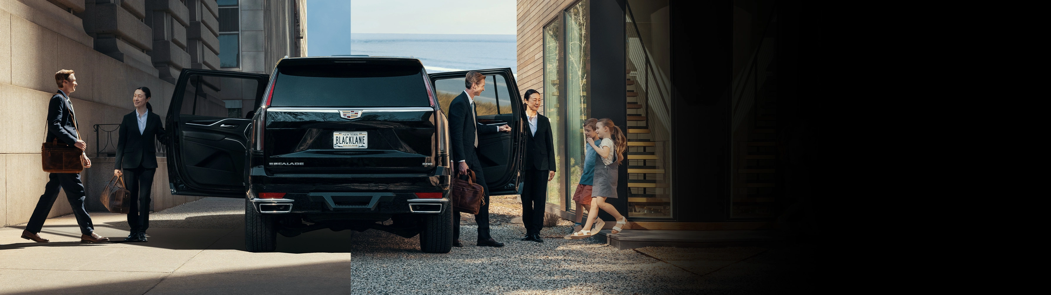 A split screen showing a chauffeur holding the door open for a man in the city, and then the same man getting out of the ride to greet his children at home.