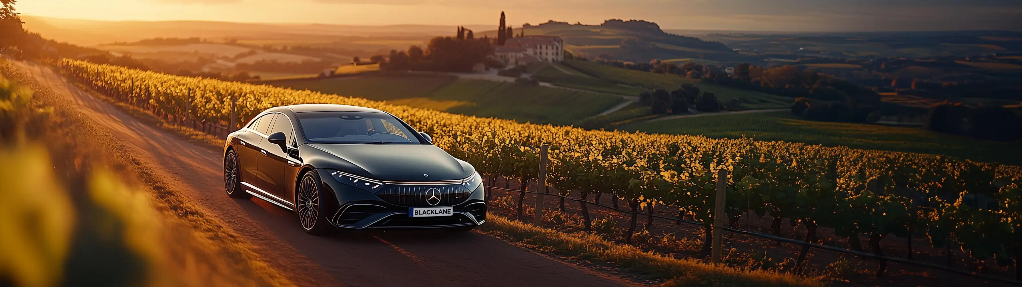 A blacklane car drives through vineyard country at dusk