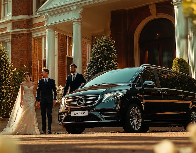 A bride and groom stand beside a chauffeur and a black Blacklane limousine van.