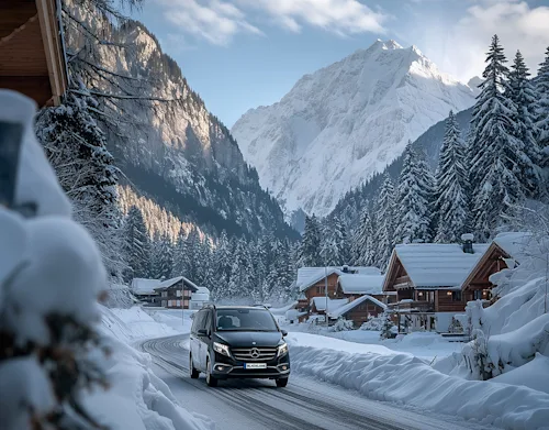 Blacklane mercedes benz trying through snowy mountainous countryside