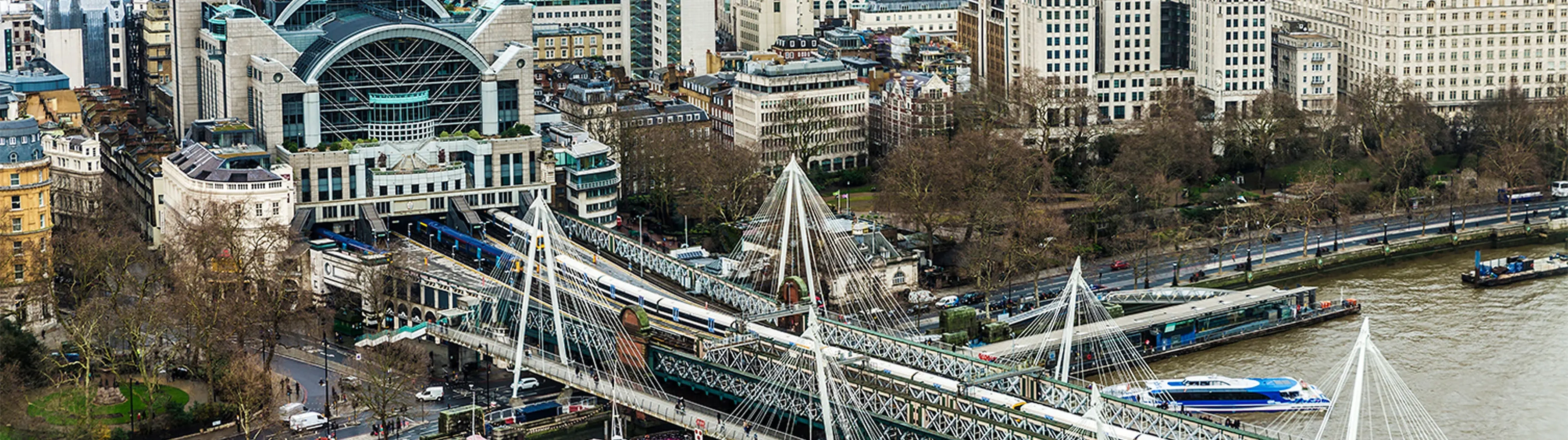 Aerial shot of London's Charing Cross station and the River Thames.