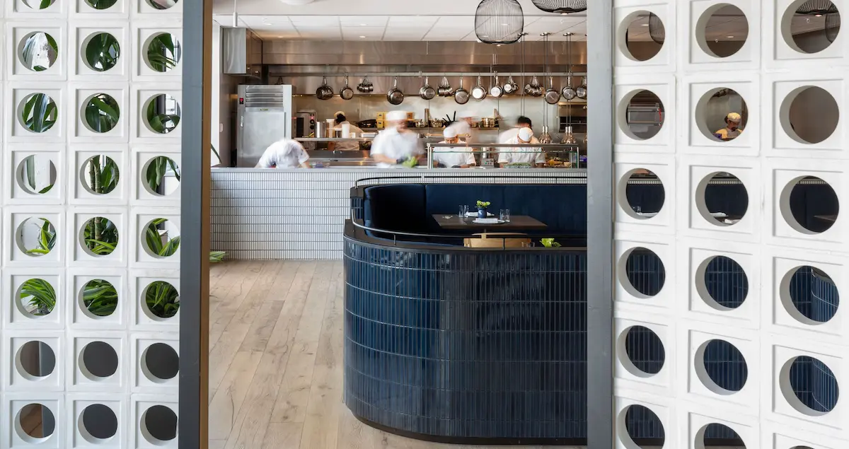 The open kitchen at private dining restaurant Navy Blue in Houston.
