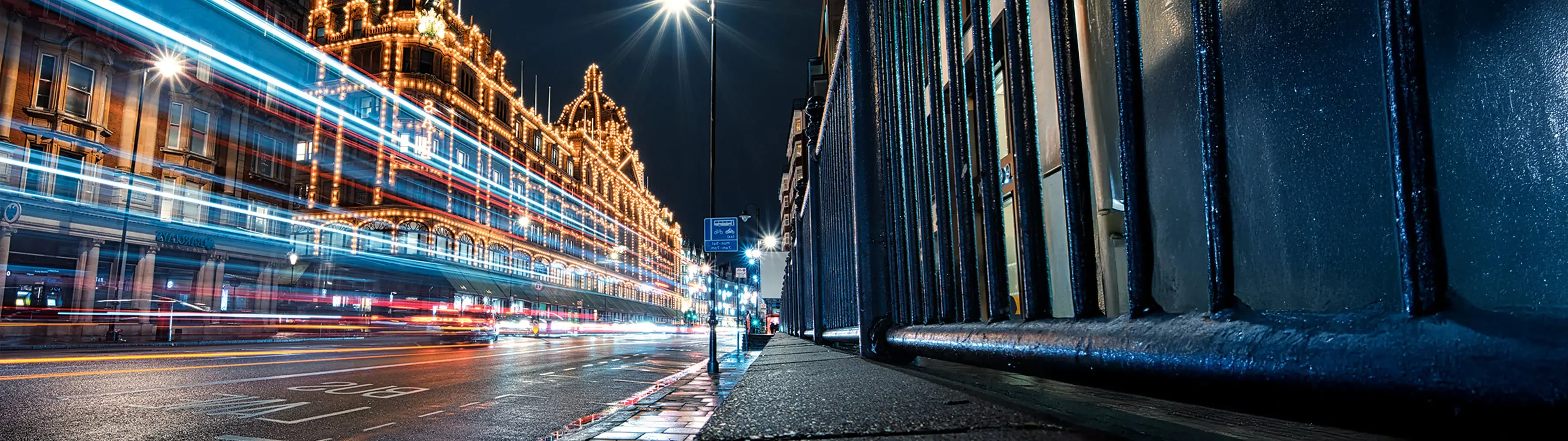 A London Knightsbridge street at night.