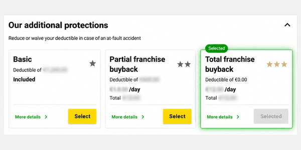 Selecting Total Collision Damage Waiver during booking