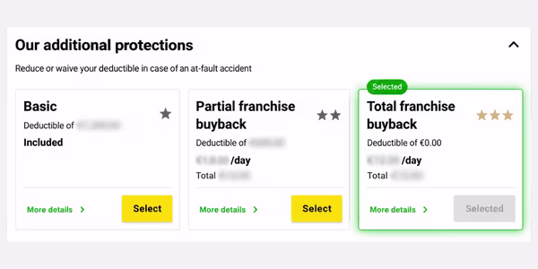 Selecting Total Collision Damage Waiver during booking