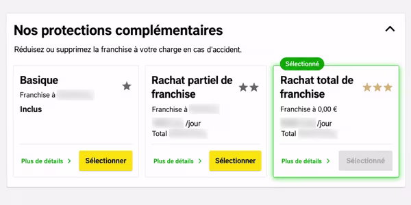 Sélection du rachat total de franchise lors de la réservation