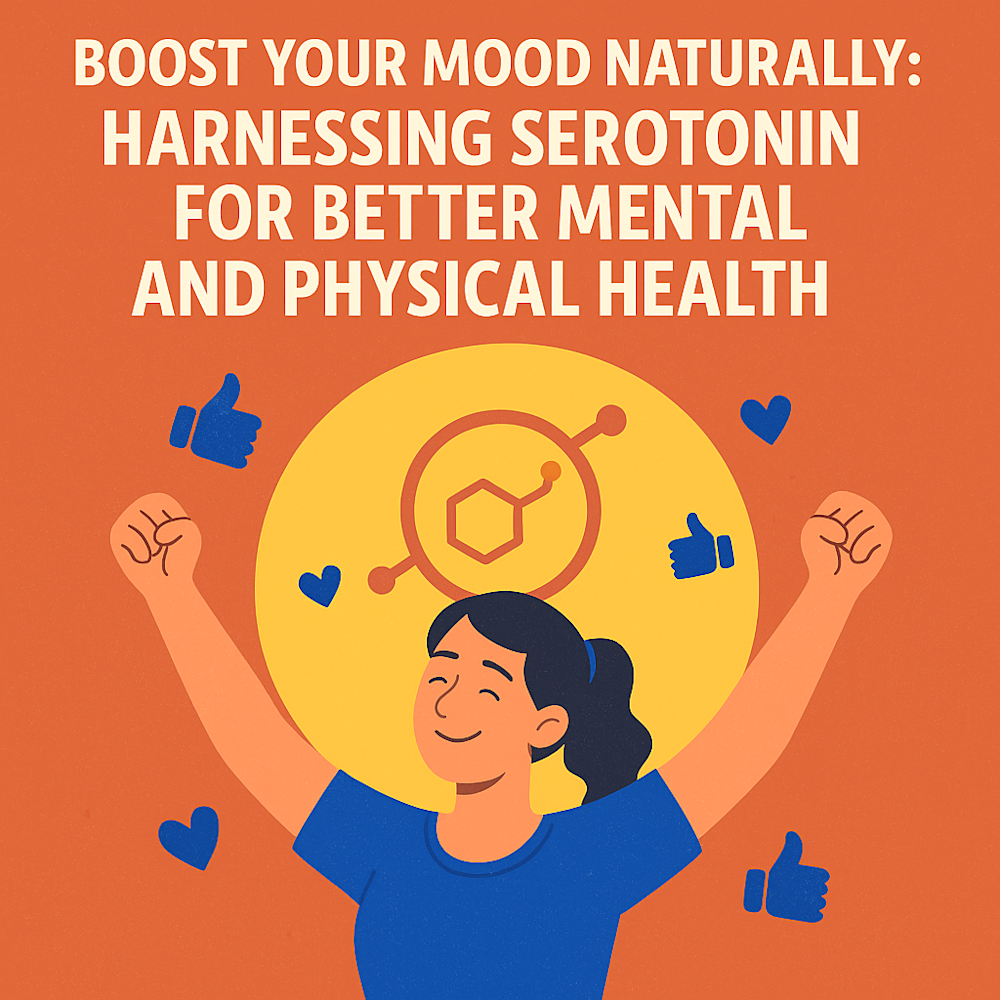 Illustration of happy woman with raised arms and serotonin symbol, promoting natural mood boosts and better health