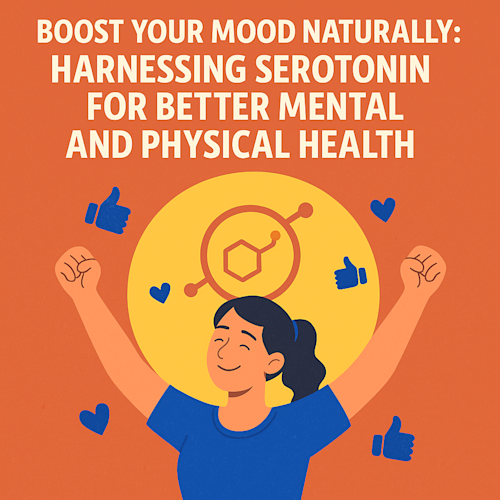 Illustration of happy woman with raised arms and serotonin symbol, promoting natural mood boosts and better health