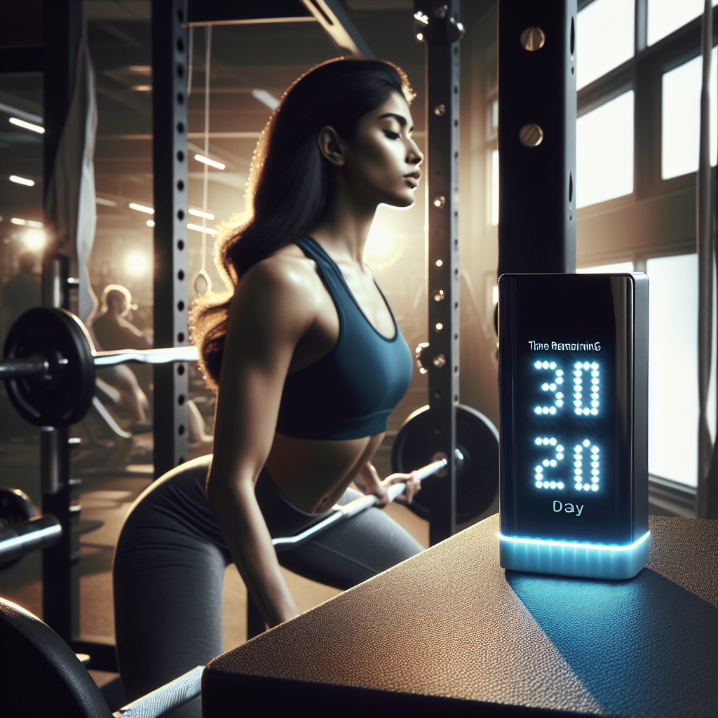 Person lifting weights with a fasting timer nearby.