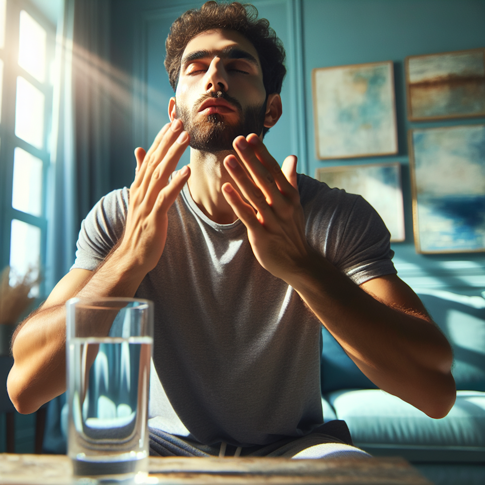 A person performing facial exercises, drinking water.
