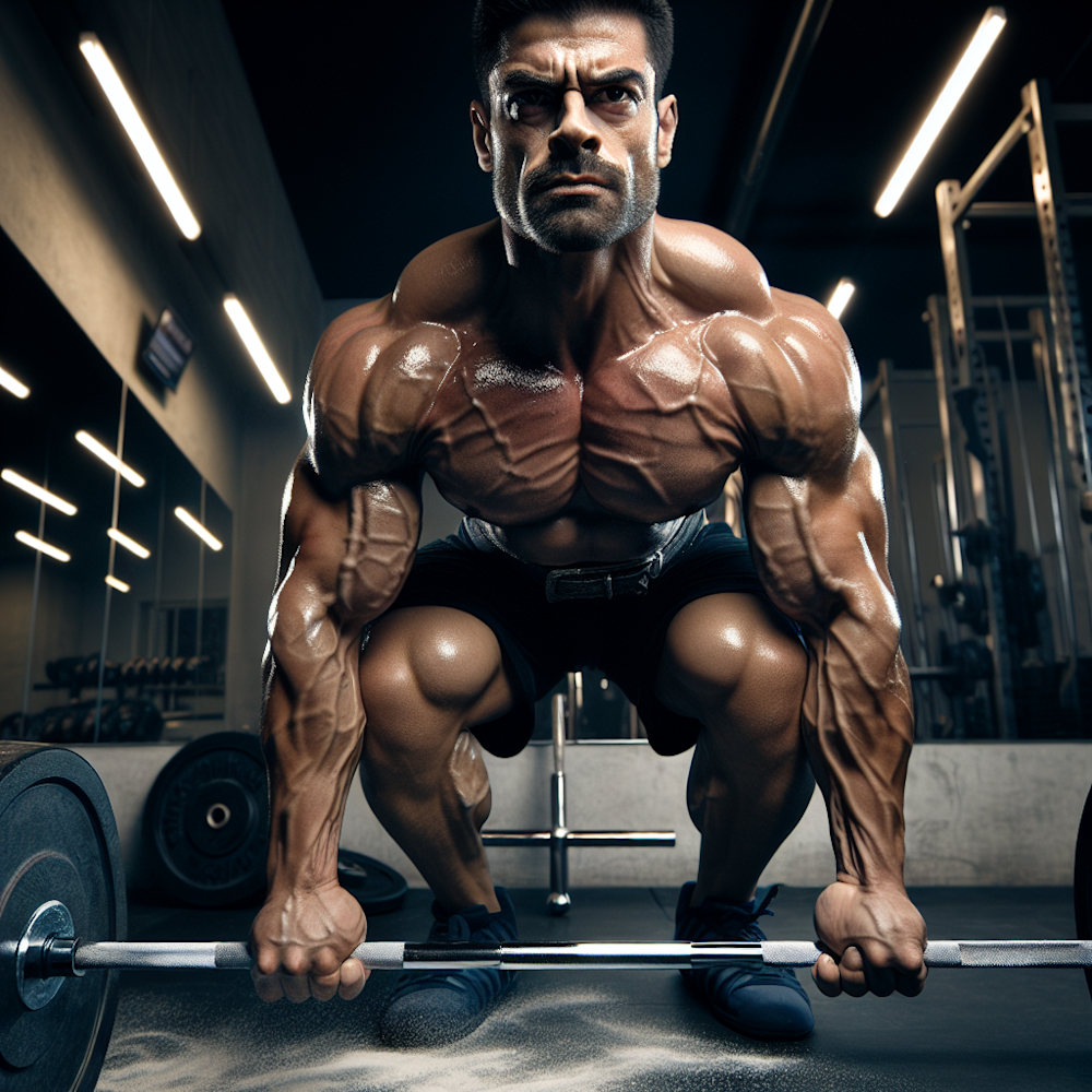Strongman lifting weights with a focused expression.
