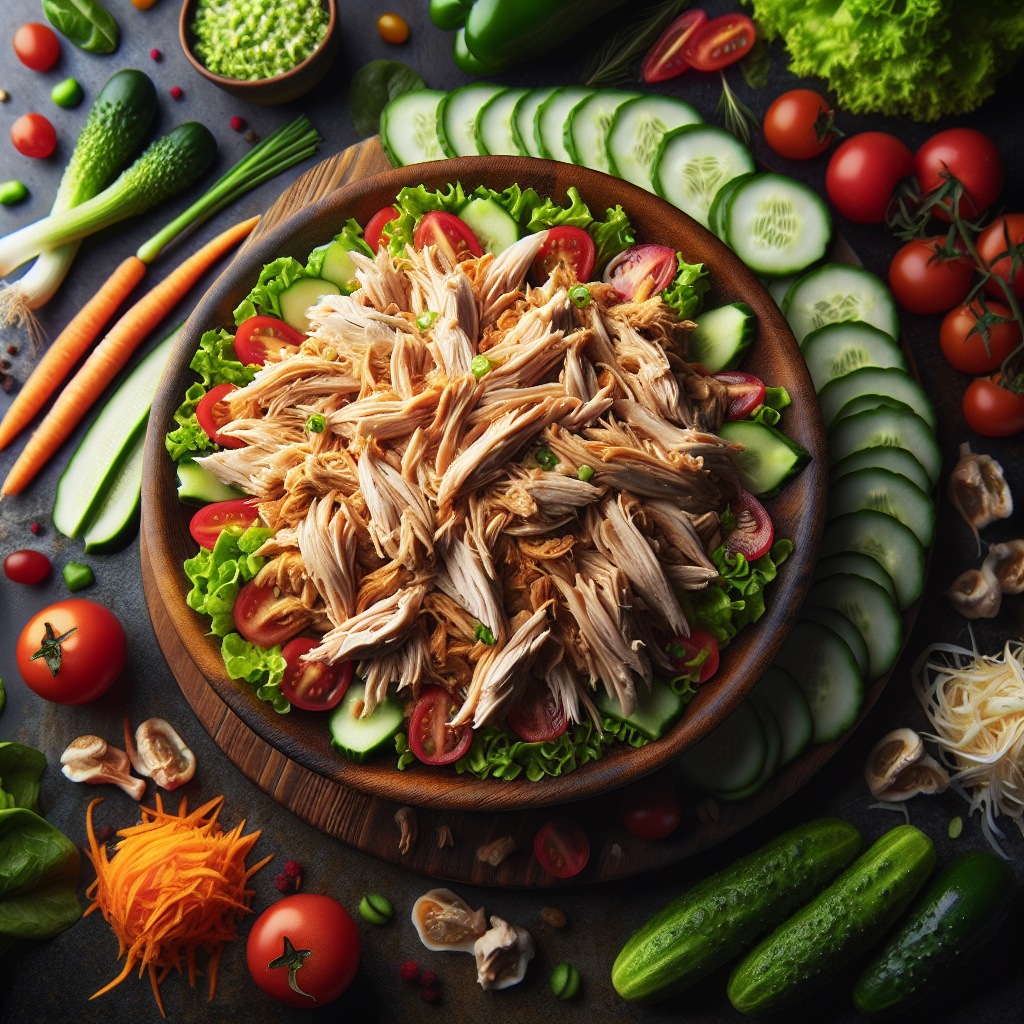 A shredded chicken dish surrounded by vegetables.