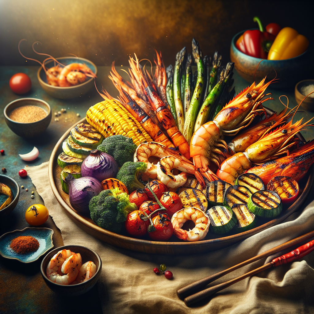 Plate full of grilled vegetables and seafood.