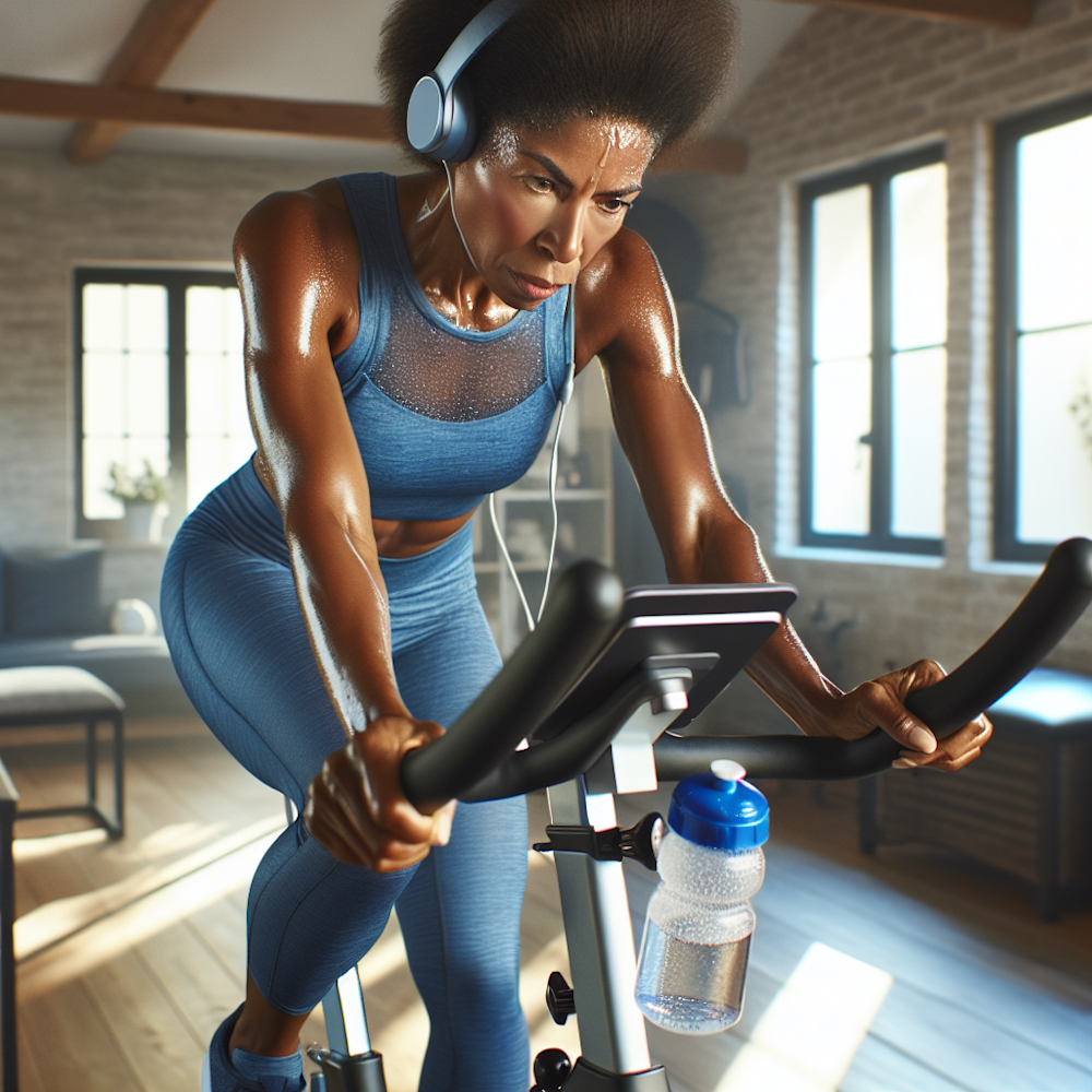 Person on a stationary bike mid-workout.