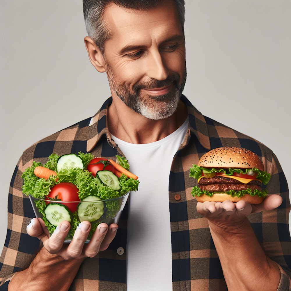 Man holding a salad and a Big Mac.
