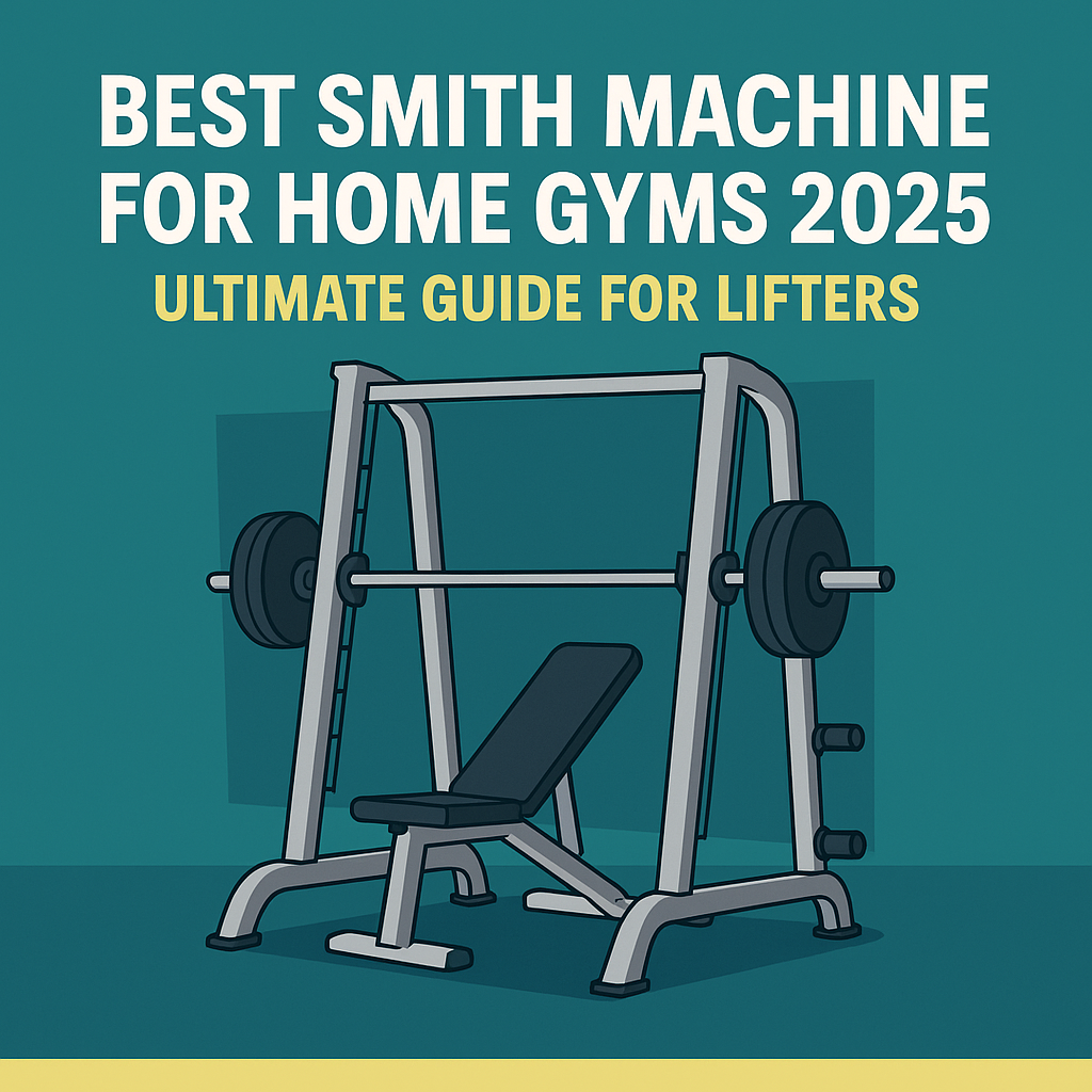 Illustration of a Smith machine with weights and bench on teal background with bold title about 2025 home gym guide