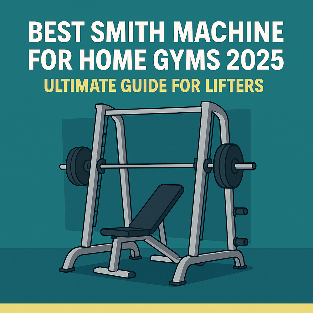 Illustration of a Smith machine with weights and bench on teal background with bold title about 2025 home gym guide