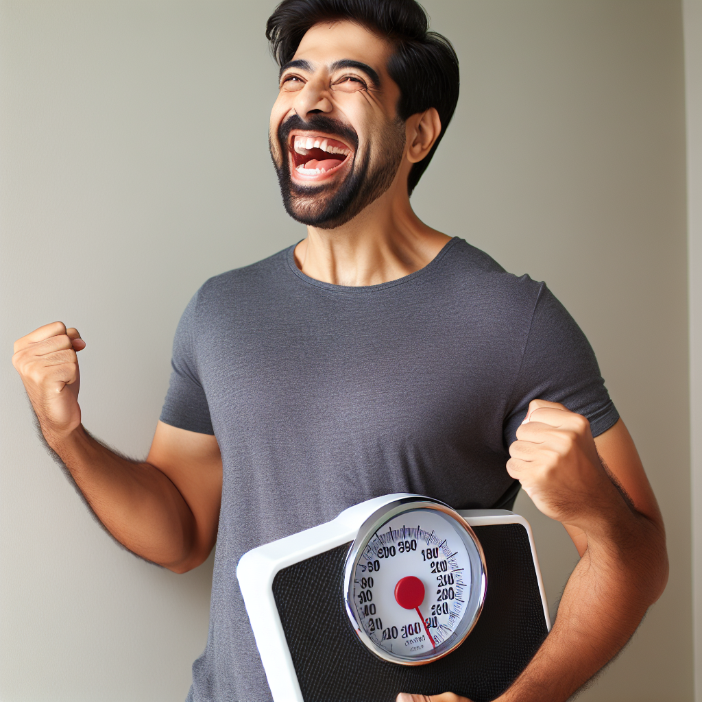 Man grinning on scales with '200 lbs' reading.