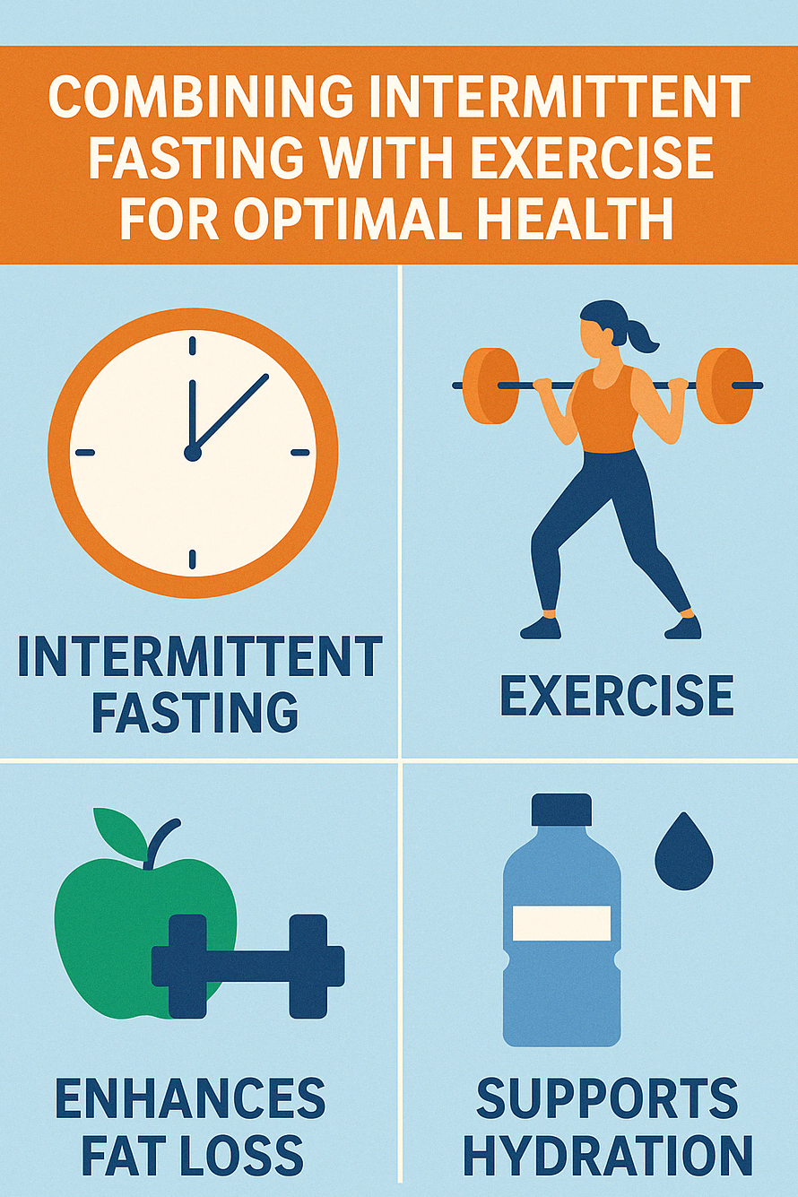 Infographic showing benefits of combining intermittent fasting with exercise: fat loss, hydration, fitness, and health improvement