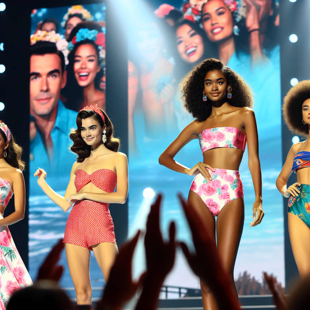 "Bikini-clad women on stage with a crowd."