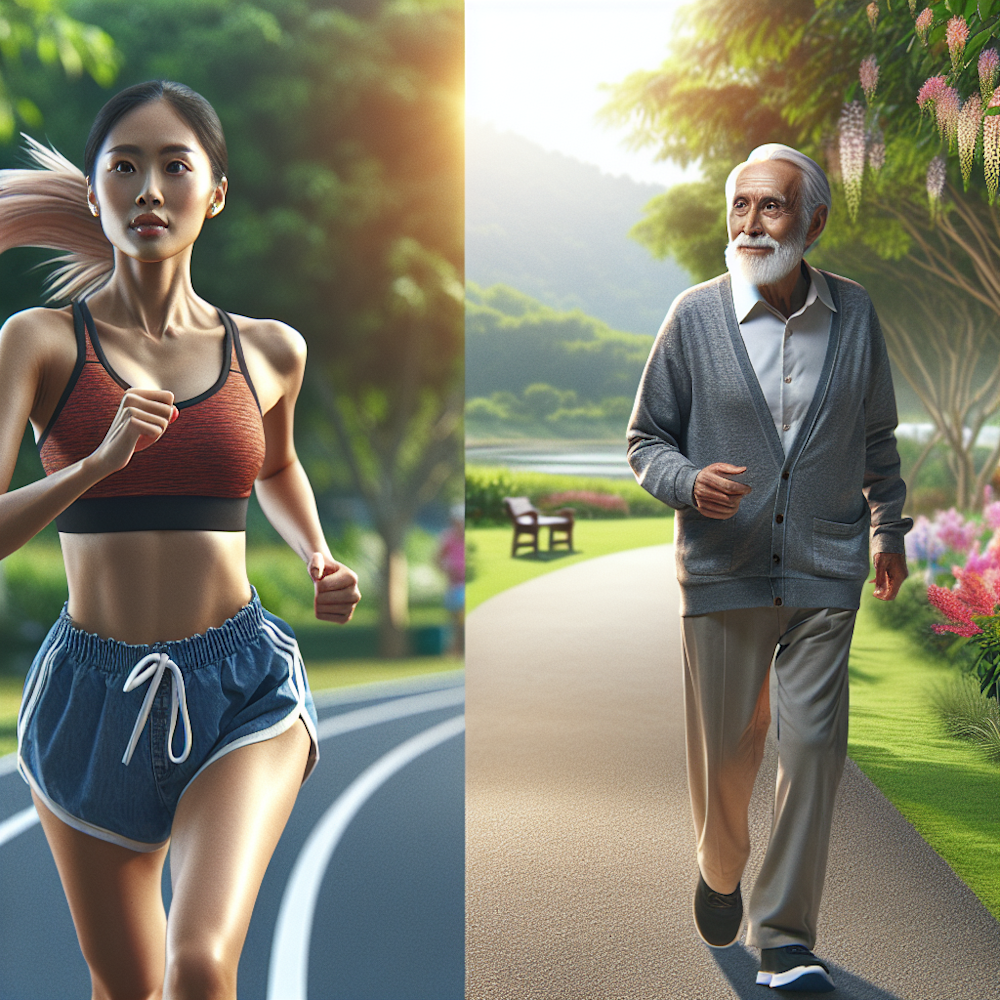 Two people, one jogging and one walking.