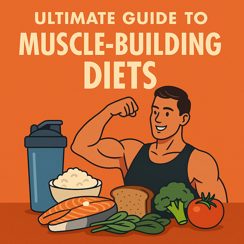 Illustration of muscular man flexing with salmon, cottage cheese, vegetables, and protein shake representing a muscle-building diet