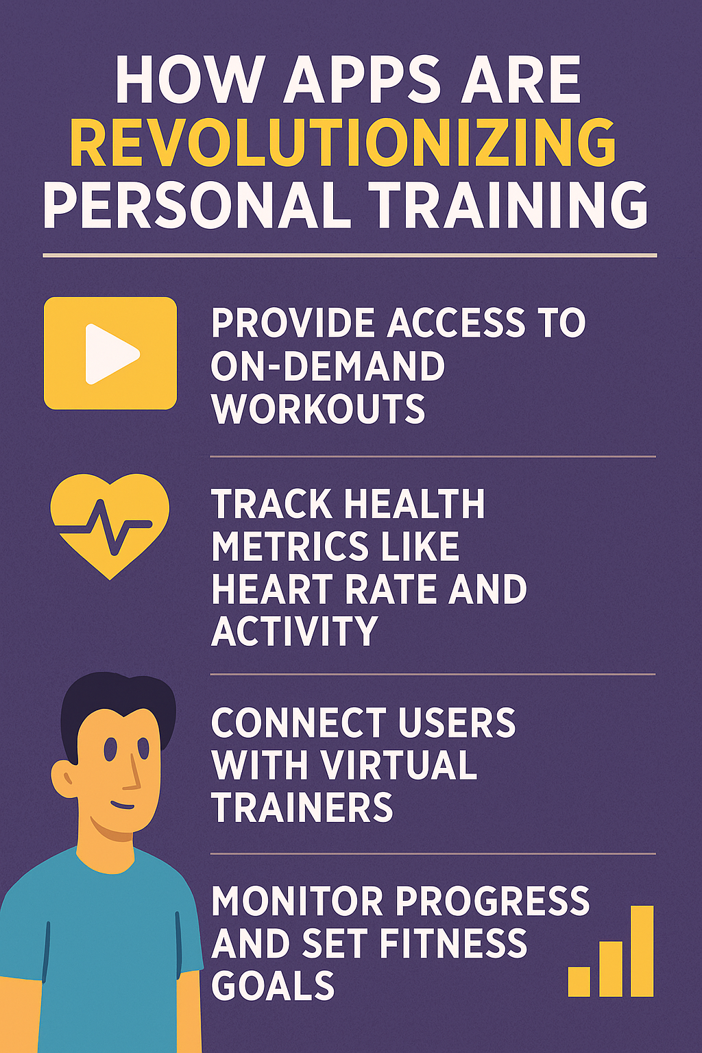 Infographic showing how fitness apps revolutionize personal training: on-demand workouts, health tracking, virtual trainers, and goal monitoring
