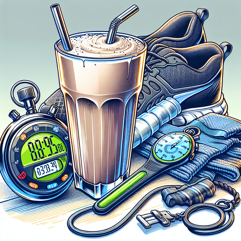Protein shake, stopwatch, and workout gear.