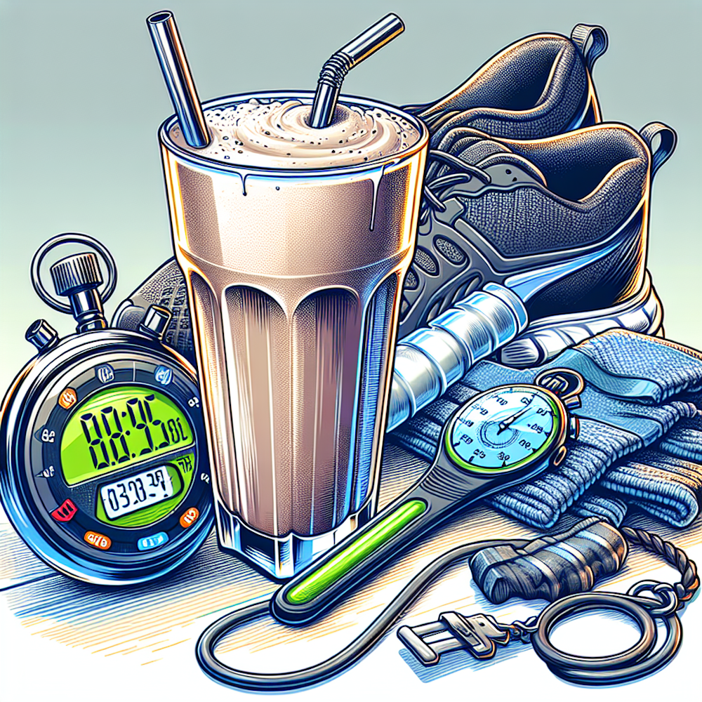 Protein shake, stopwatch, and workout gear.