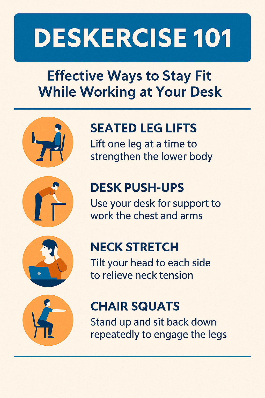 Infographic showing desk exercises: seated leg lifts, desk push-ups, neck stretches, and chair squats for staying fit at work