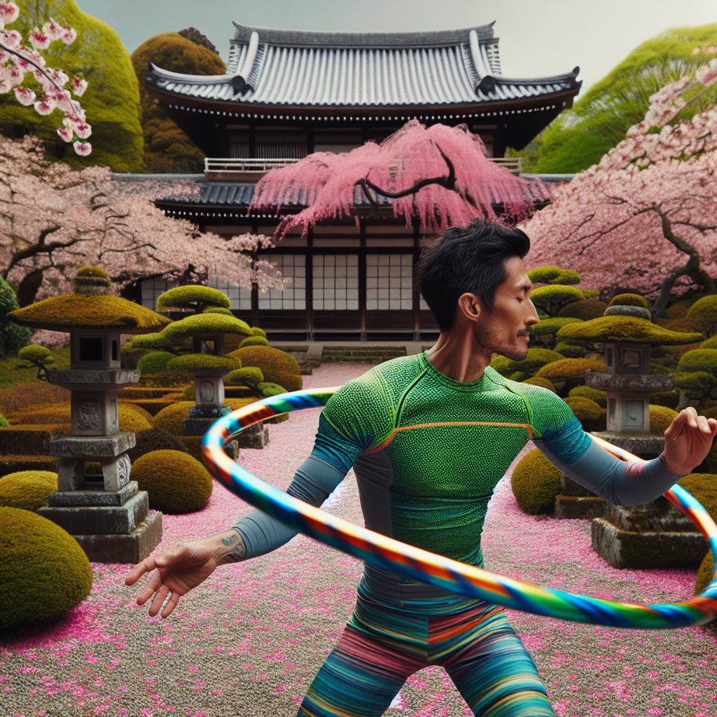 Person doing a Japanese exercise with a hula hoop.