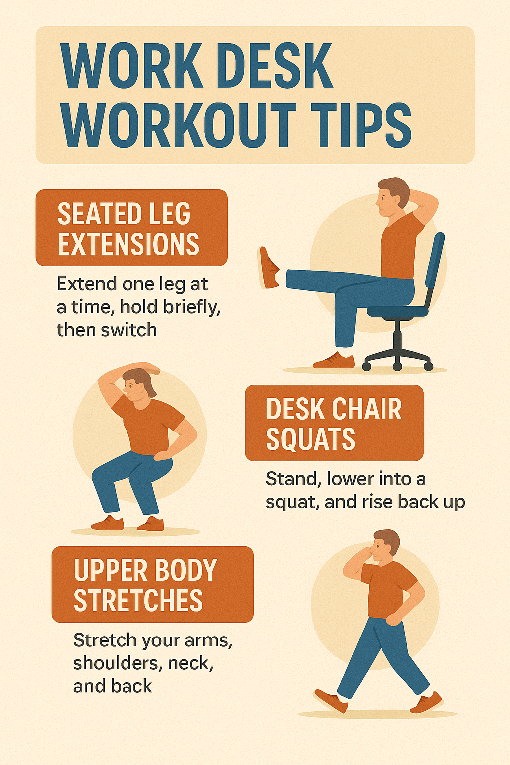 Infographic showing work desk exercises: seated leg extensions, desk chair squats, upper body stretches, and walking breaks
