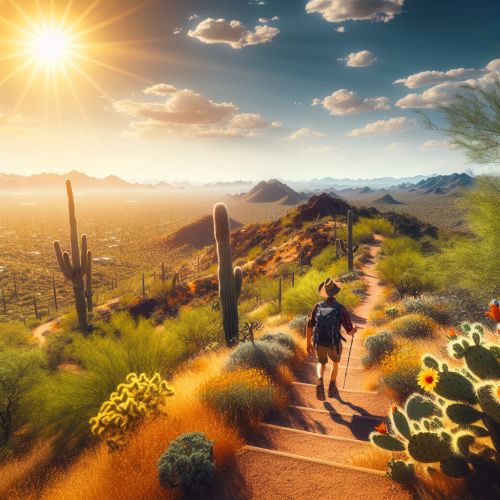 Hiker ascending a sunlit trail in Phoenix, Arizona.
