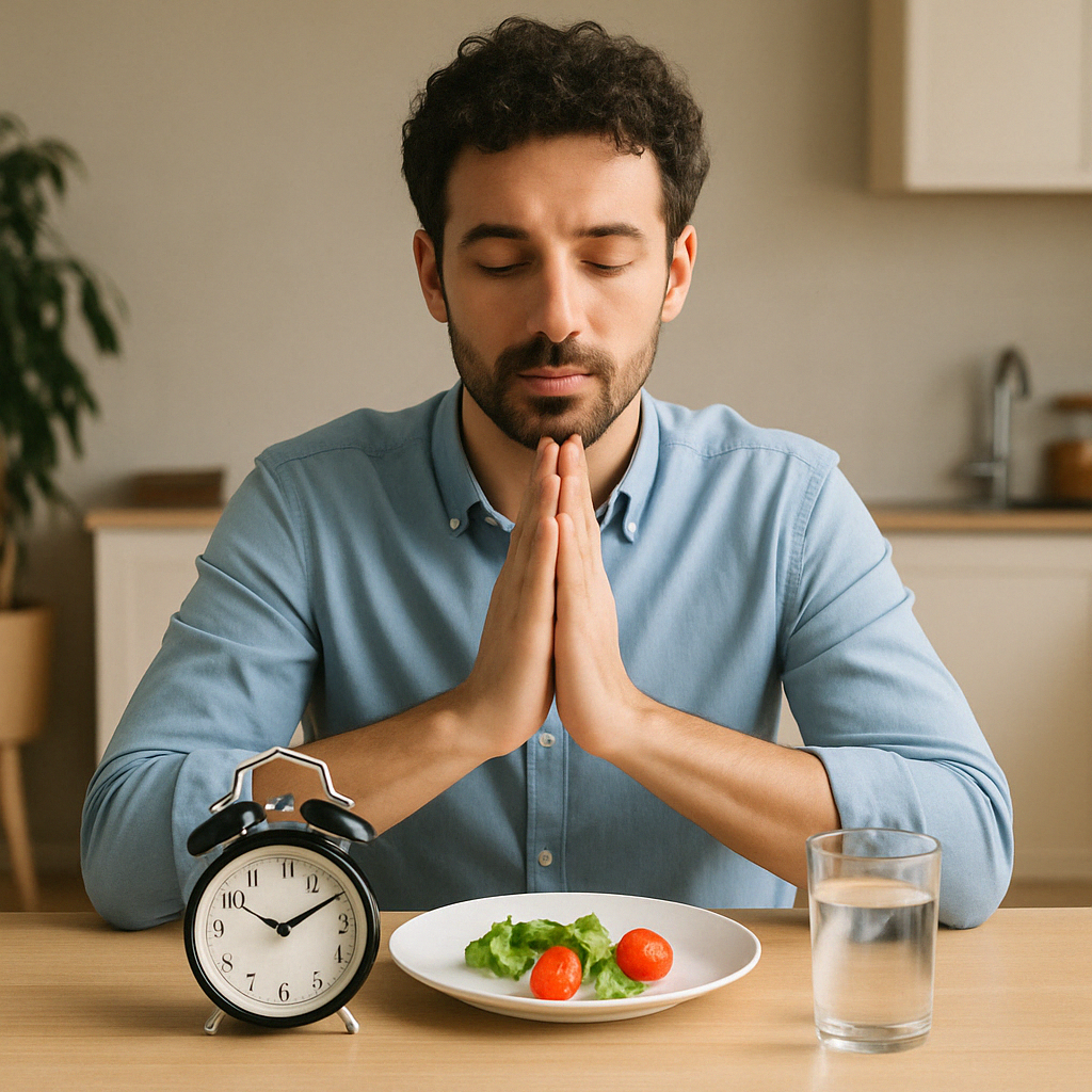Person looking at a clock, eating during a specific time to eat again due to intermittent fasting